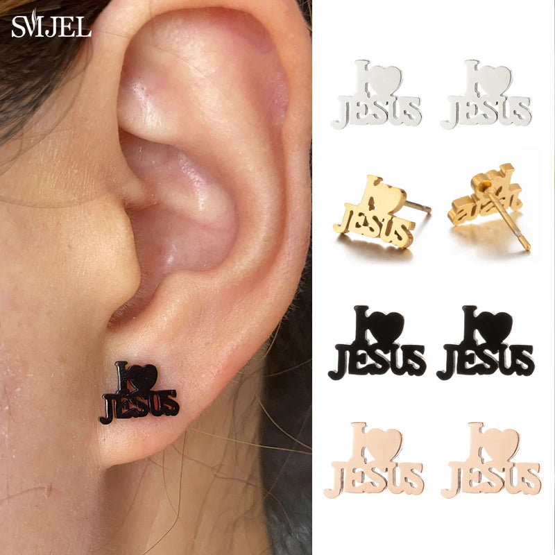 2025 Stainless Steel Jesus Cross Earrings – Men’s Christian Stud Jewelry with Heart Charm