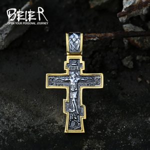 Jesus Cross Men's Stainless Steel Crucifix Necklace – Eastern Orthodox Pendant Jewelry (BP8-515)