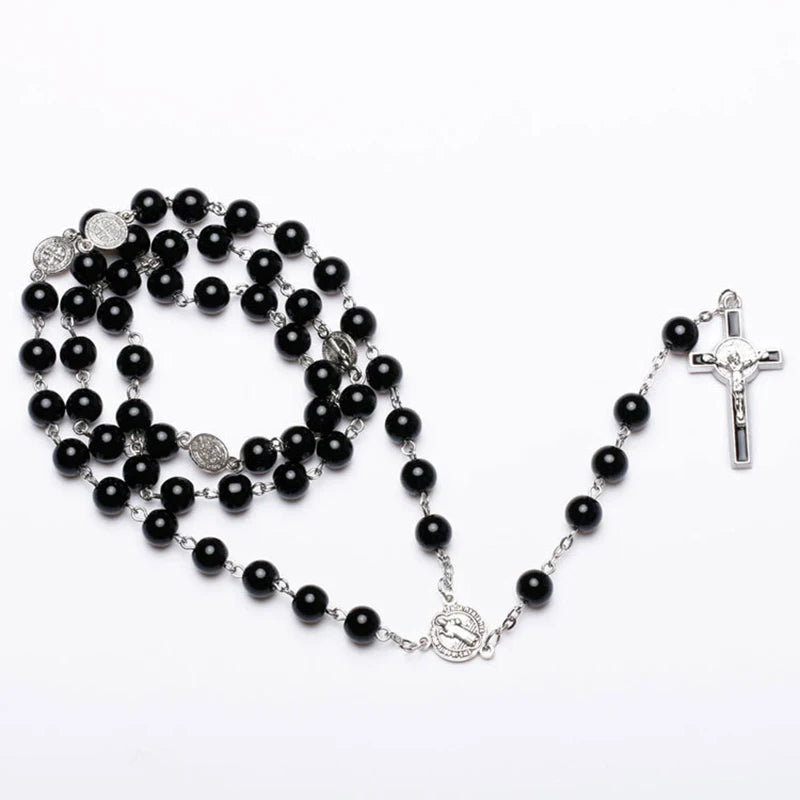 Catholic Black Rosary Beads Necklace – Long Cross Pendant Religious Jewelry for Men & Women - Image 4