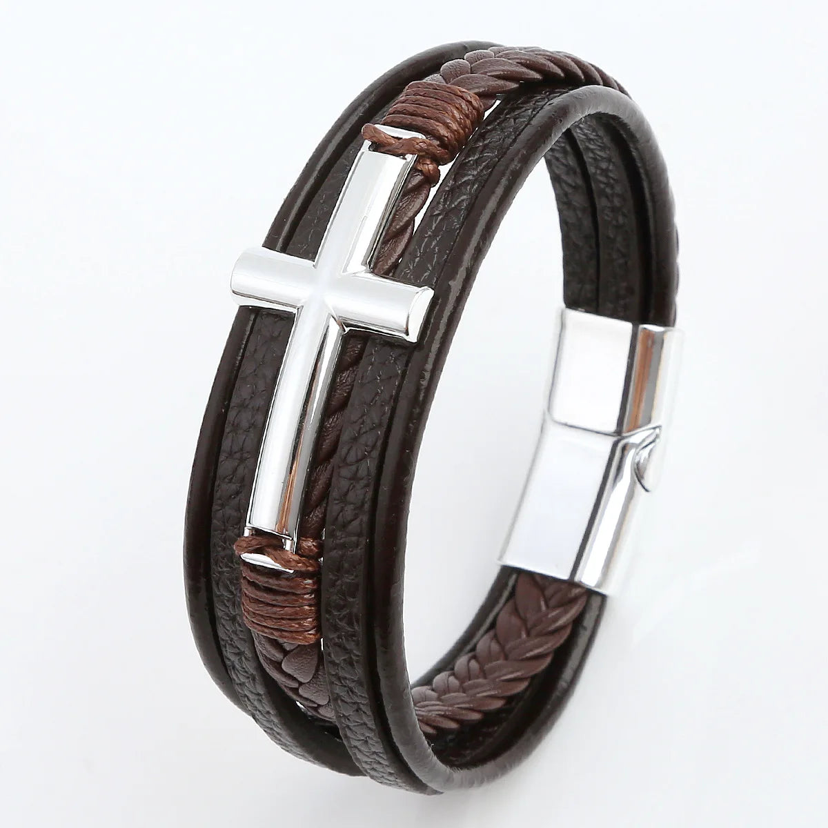 Black Cross Decorative Punk Leather Bracelet – Multilayer Braided Magnetic Clasp for Men - Image 15