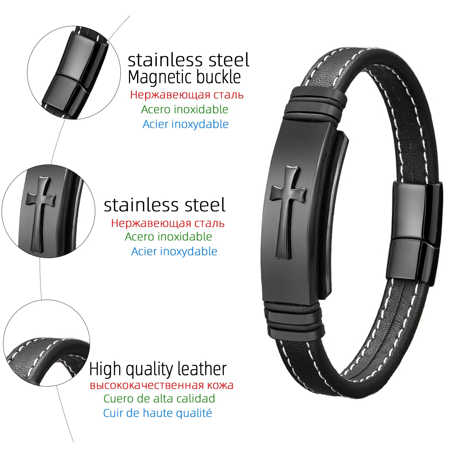 Black Gold Plated Cross Stainless Steel Bracelet – Men's Leather Punk Chain Jewelry - Image 2