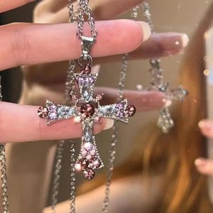ChatGPT said: New Y2K Punk Pink Purple Zircon Cross Necklace – Rhinestone Clavicle Chain for Women
