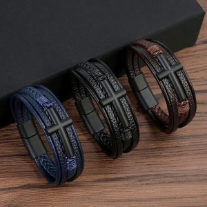 Black Cross Decorative Punk Leather Bracelet – Multilayer Braided Magnetic Clasp for Men