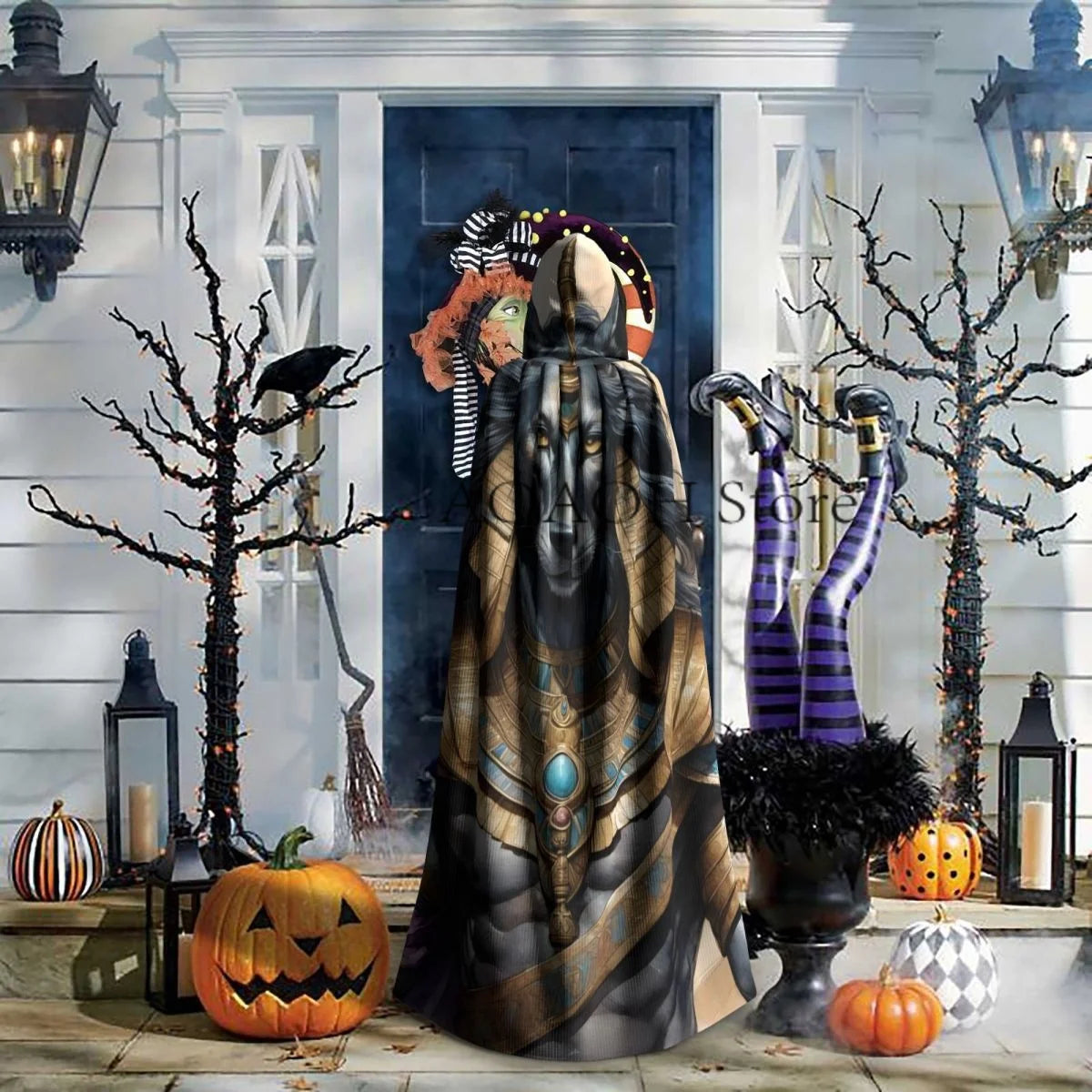 Egyptian God Anubis Hooded Cloak – Witch Cape Cosplay Costume for Adults - Image 6