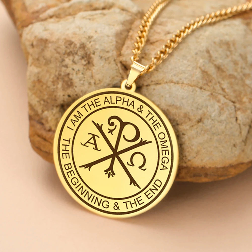 Dawapara Chi Rho Necklace Greek Orthodox Alpha Omega Pendant Protection Pray Religious Christian Gift Stainless Steel Jewelry