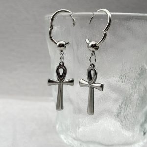Egyptian Ankh Cross Drop Hoop Earrings