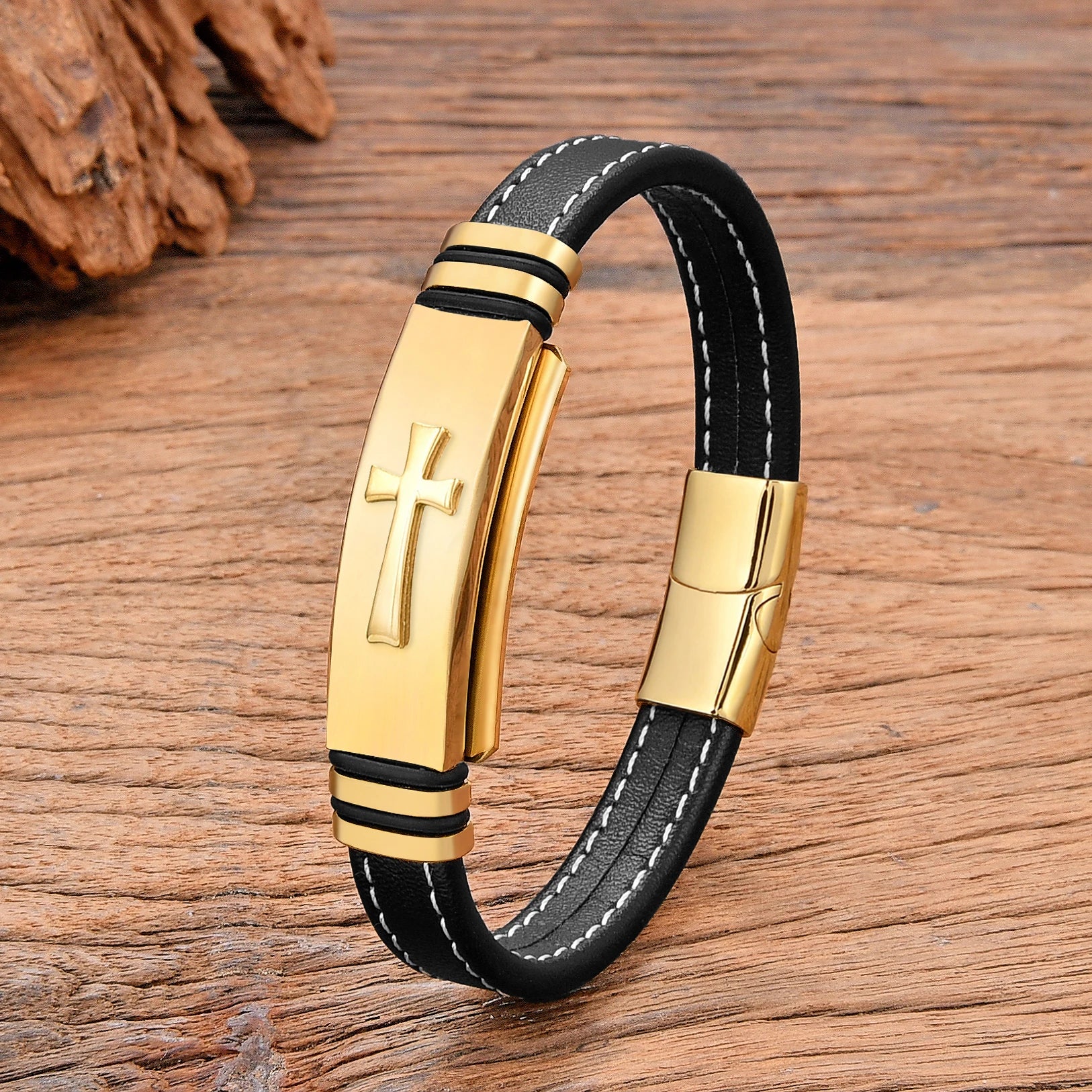 Black Gold Plated Cross Stainless Steel Bracelet – Men's Leather Punk Chain Jewelry - Image 6