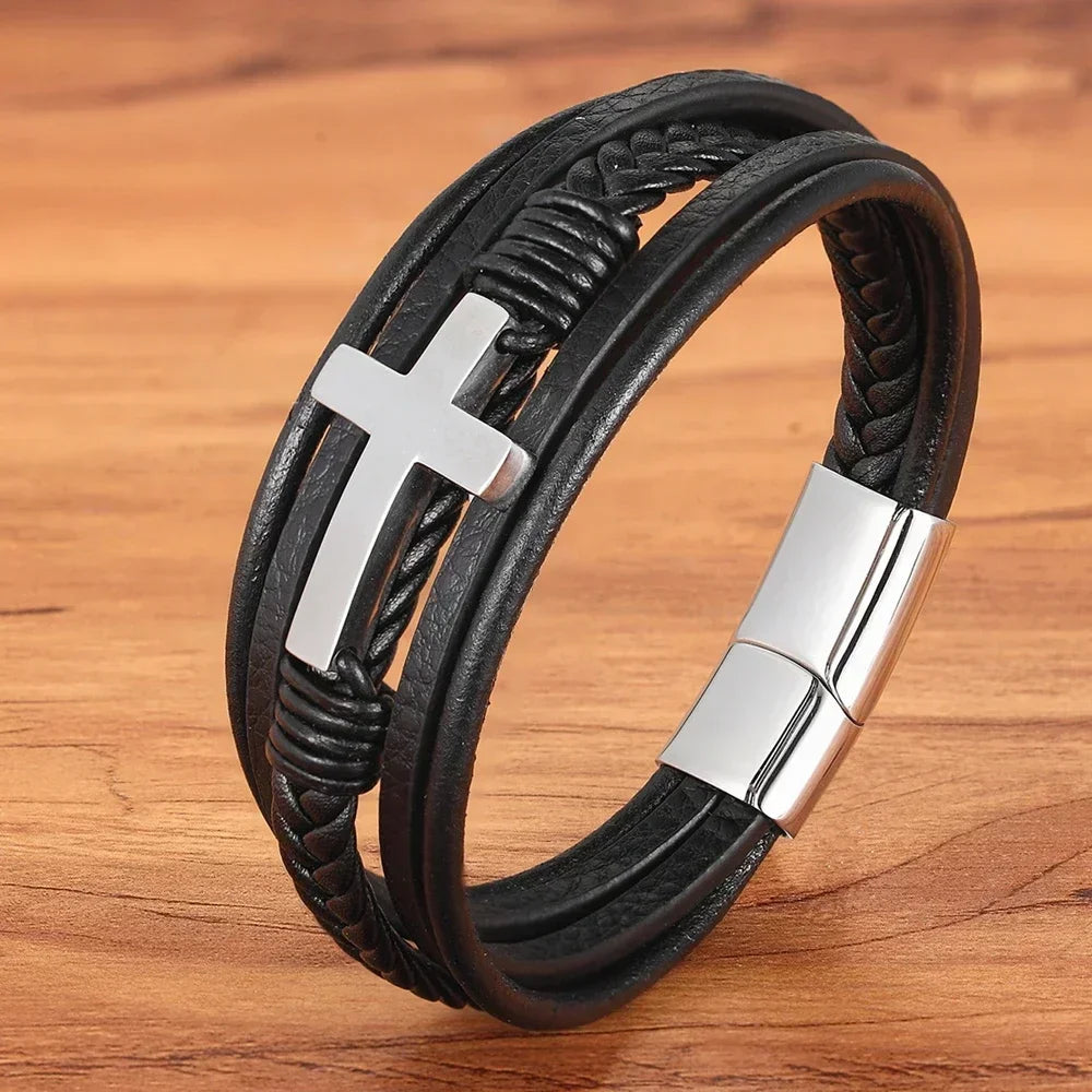 2024 Luxury Multicolor Cross Leather Bracelet – Classic Stainless Steel Design for Men - Image 6