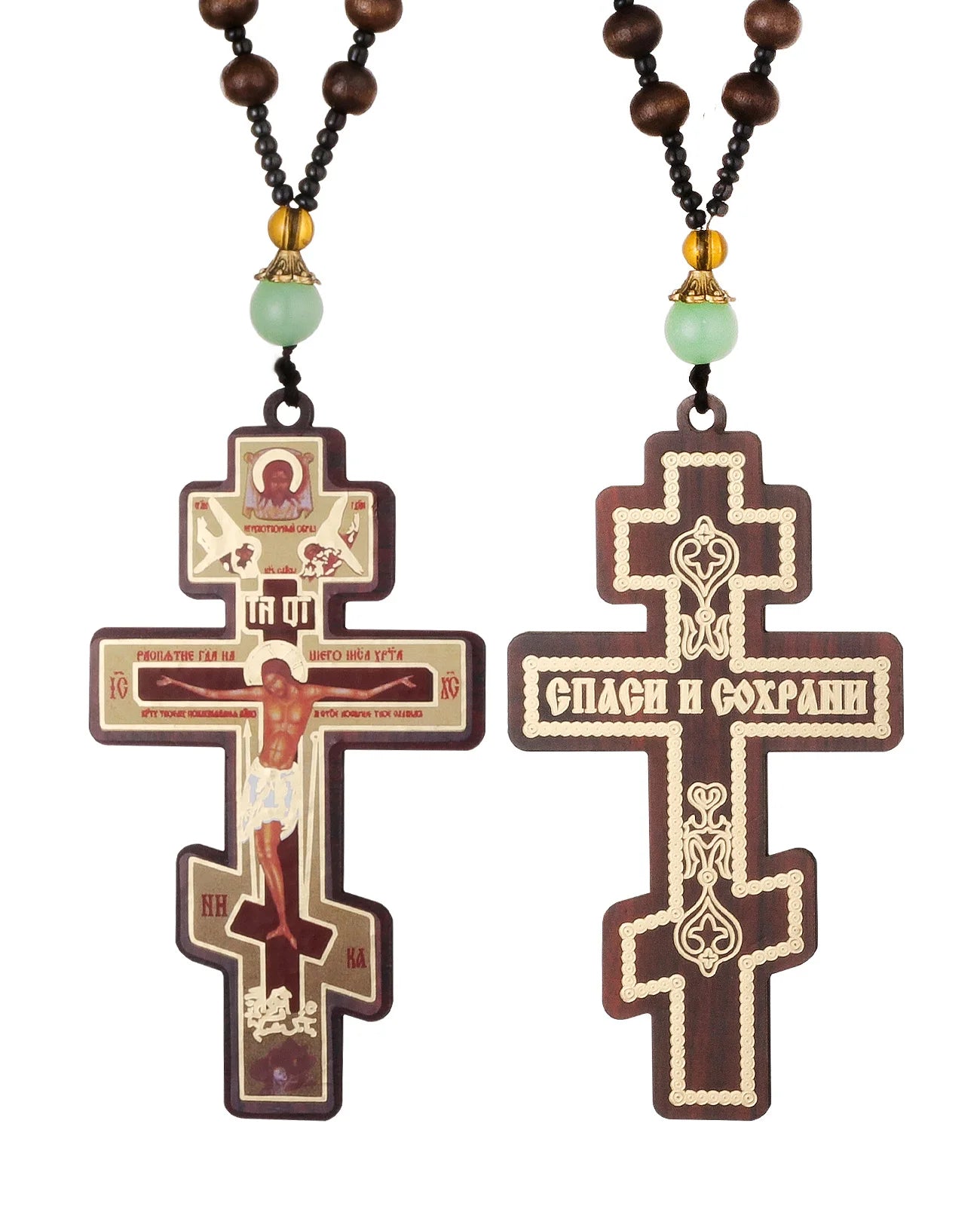 Diyalo Orthodox Crucifix Necklace – Jesus Christ Cross Icon Pendant with Wooden Beads