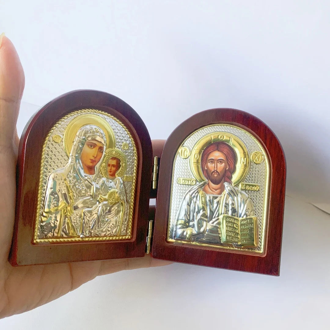 Jesus Wood Icon with Double Virgin Mary Statues - Image 3
