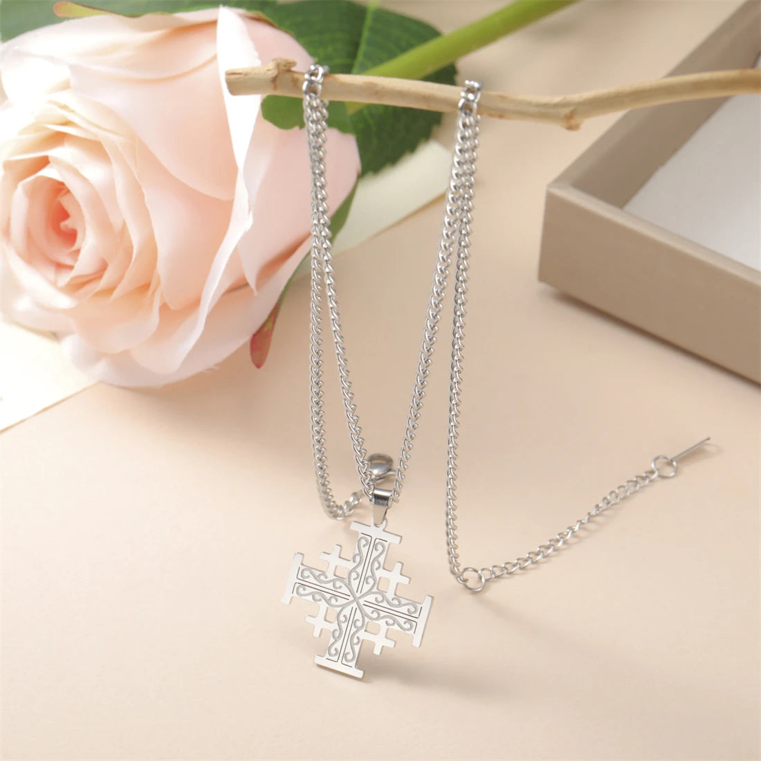 EUEAVAN Crusader Five-Fold Cross Pendant Necklace – Stainless Steel Christian Jewelry - Image 3