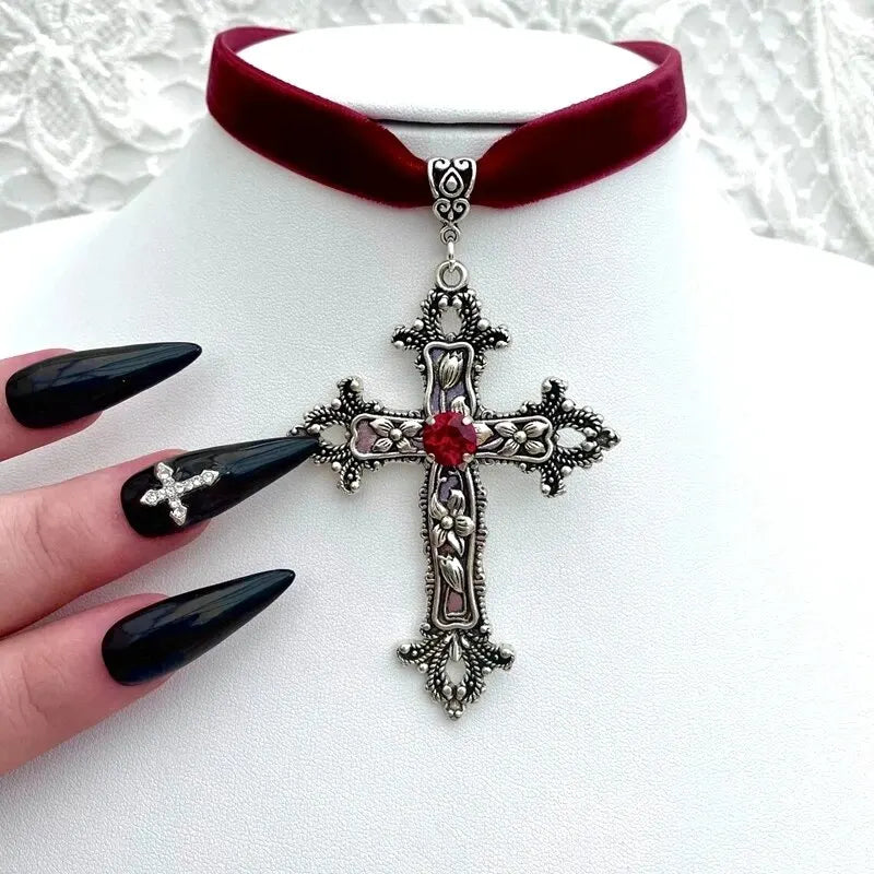 Classic Gothic Large Cross Black Velvet Necklace - Image 3
