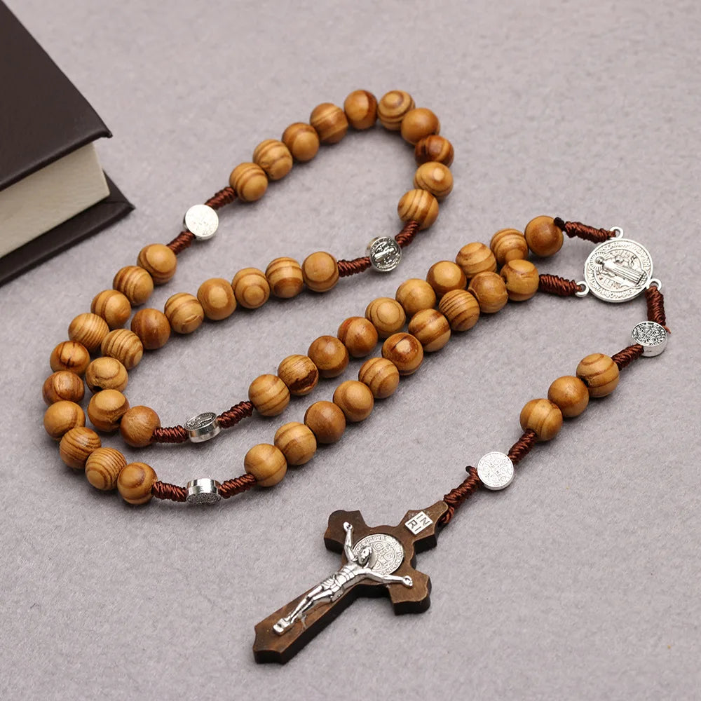 10MM Wooden Beads Rosary Cross Necklace – Christian Virgin Mary & INRI Pendant - Image 3