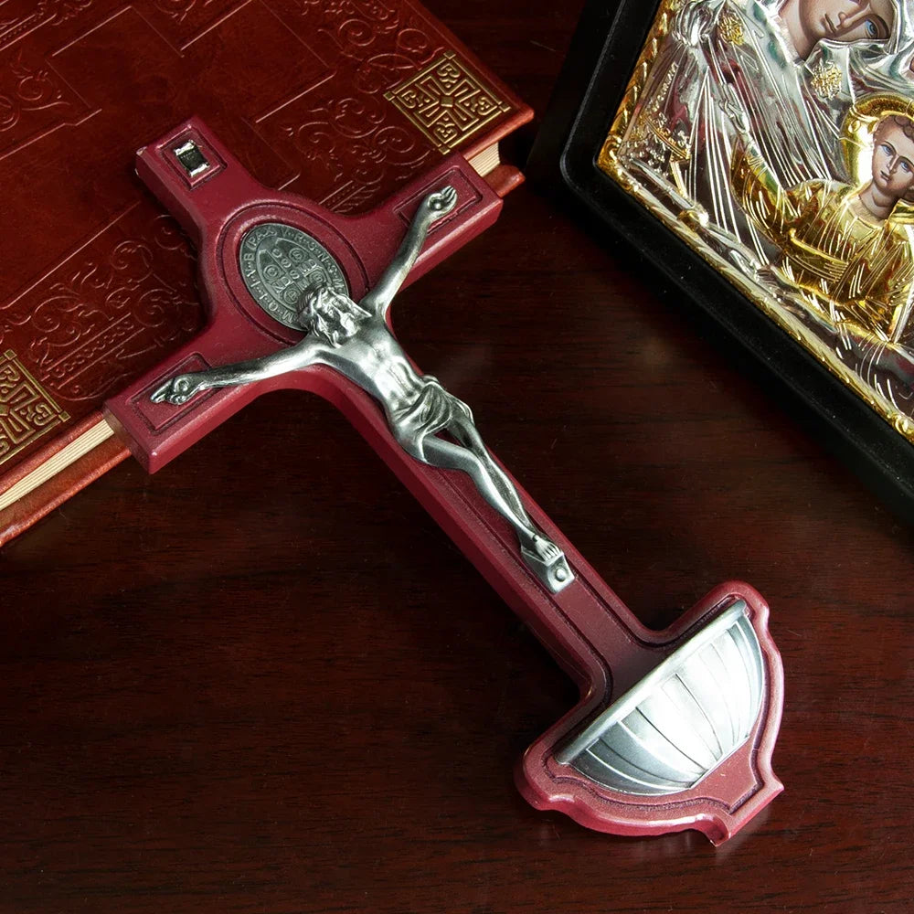 Catholic Wooden Cross with Holy Water Holder - Image 8
