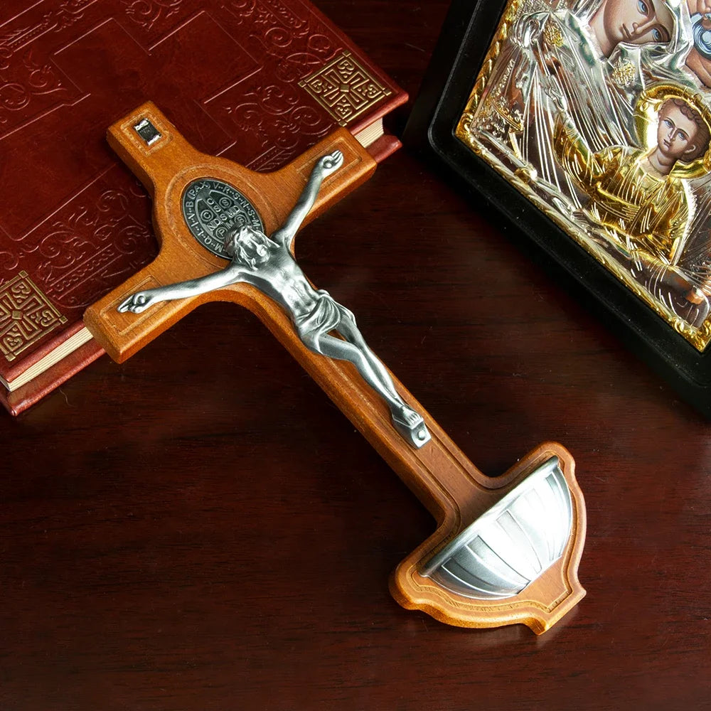 Catholic Wooden Cross with Holy Water Holder - Image 7