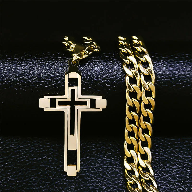 2024 Hip Hop Cross Stainless Steel Chain Necklaces Gold Color Long Pendant Necklace for Women/Men Jewelry collier homme N6055S05 - Image 7