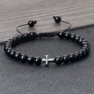 6mm Natural Stone Beads Braided Cross Bracelet – Christian Prayer Jewelry for Men & Women